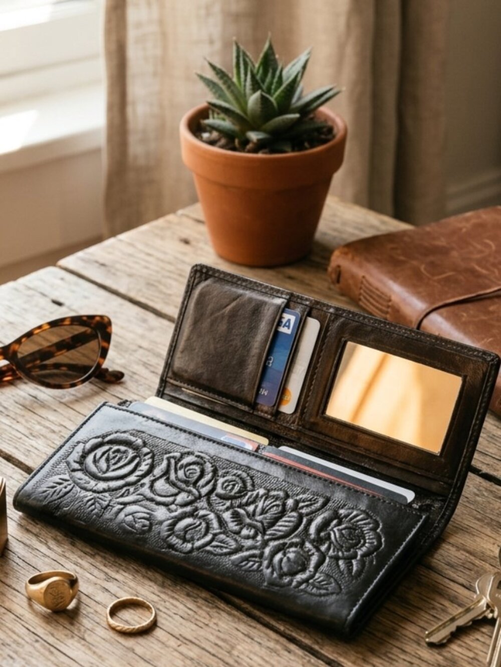 Vintage Genuine Leather Floral Embossed Rose Tooled Clutch Wallet